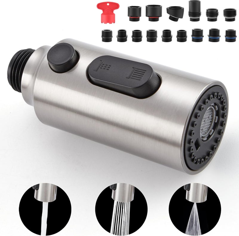 HEISOK Kitchen Faucet Spray Head Replacement, Pull Down Faucet Head Replacement with 15 Adapters, 3 Function Spray Nozzle for Kitchen Faucet, Replacement Pull Out Faucet Head, Brushed Nickel - Image 1